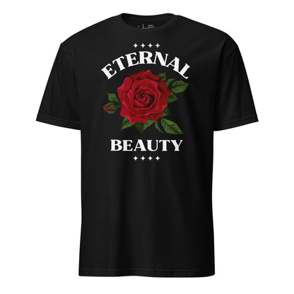 Black t-shirt with a red rose and 'Eternal Beauty' text on a white background