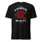 Black t-shirt with a red rose and 'Eternal Beauty' text on a white background