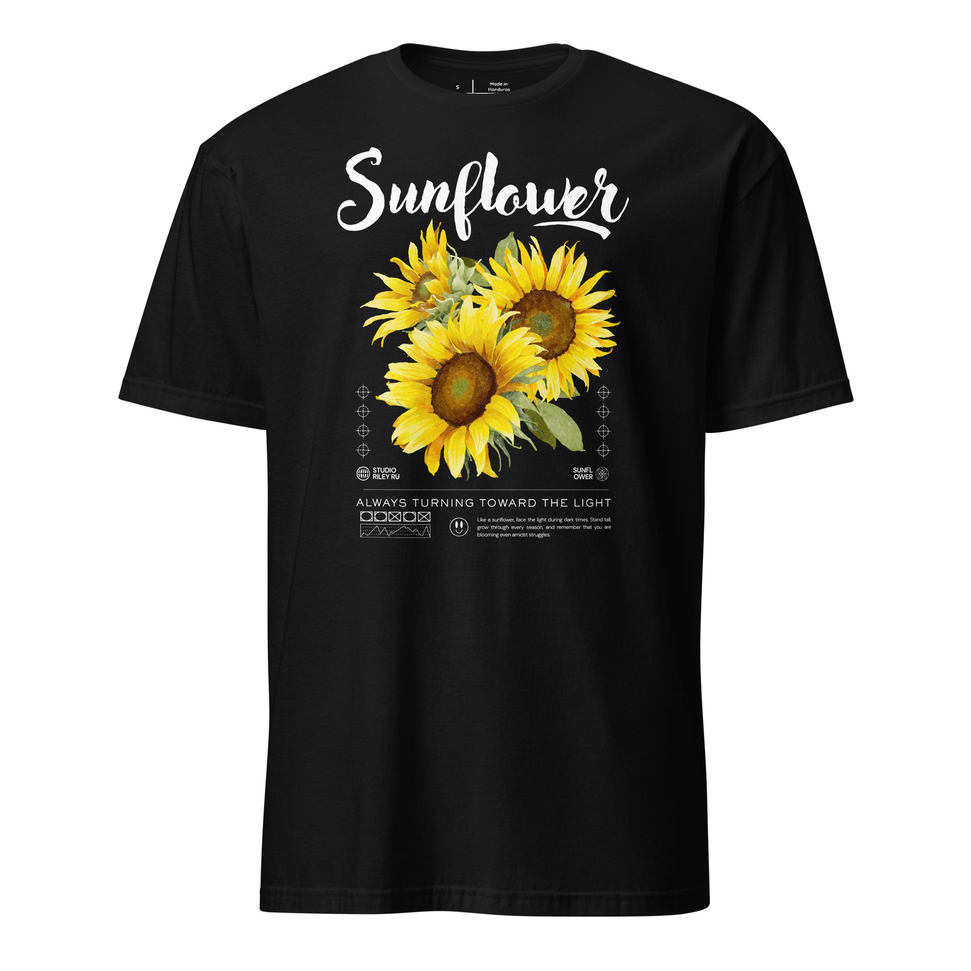 Black t-shirt with sunflower design and text on a white background