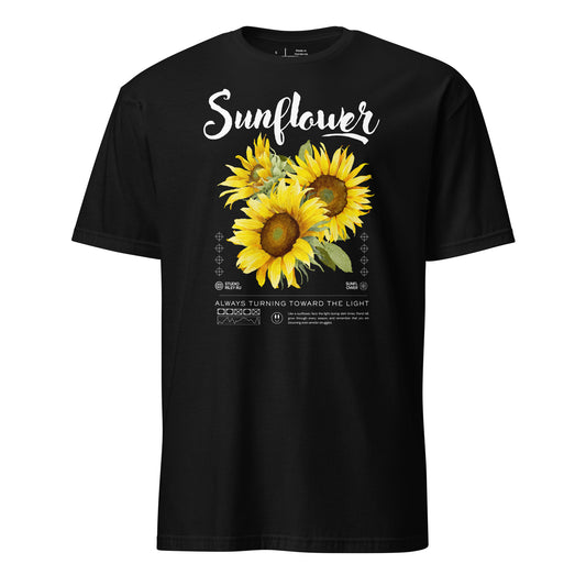 Black t-shirt with sunflower design and text on a white background