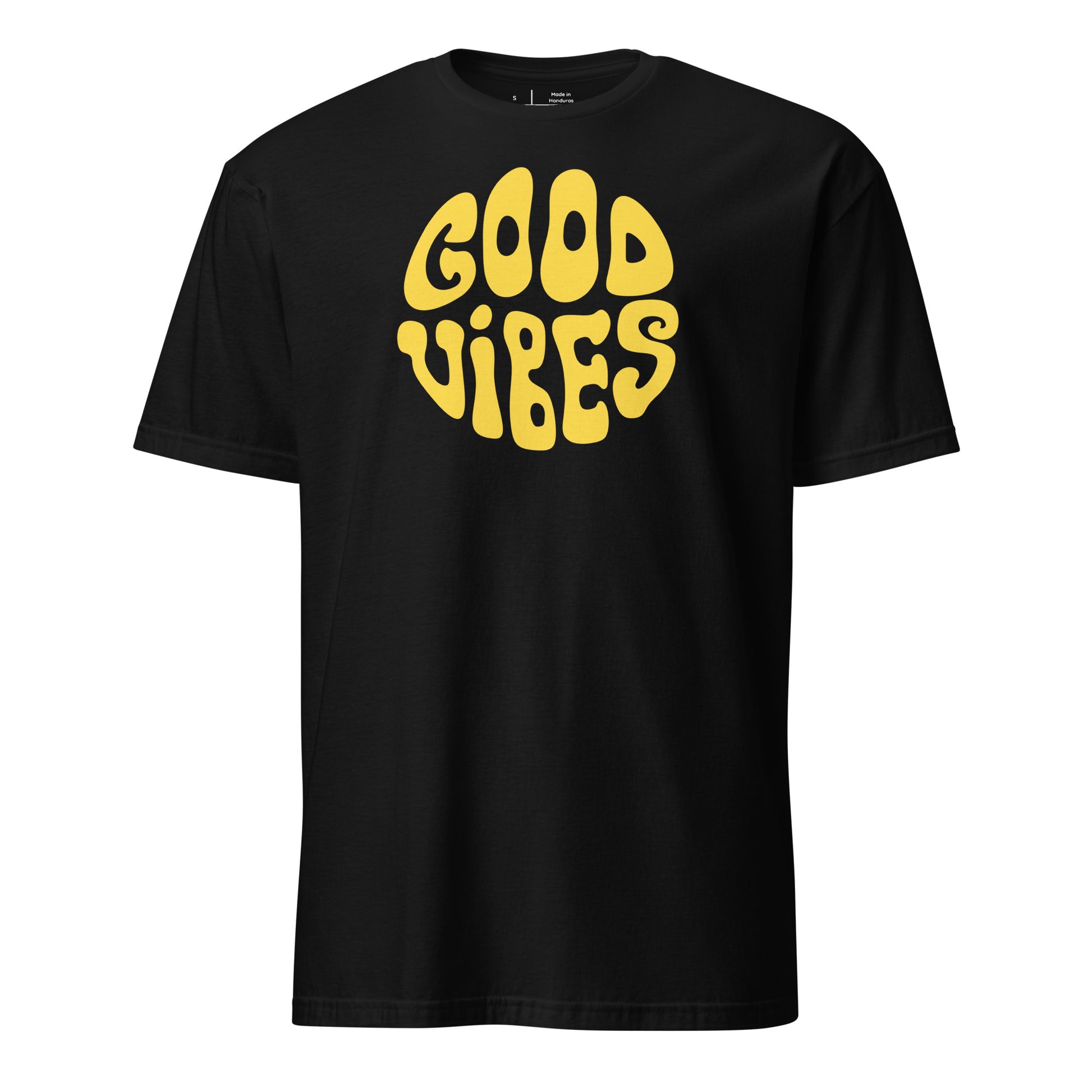 Black t-shirt with 'GOOD VIBES' in yellow text on a white background