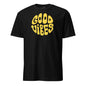 Black t-shirt with 'GOOD VIBES' in yellow text on a white background