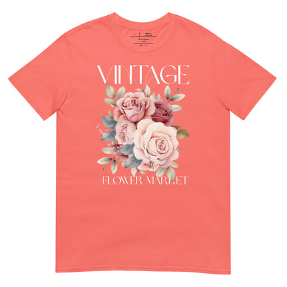 Coral t-shirt with floral design and 'Vintage Flower Market' text on a white background