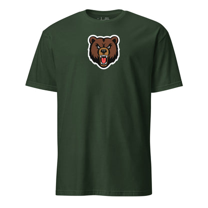 Green t-shirt with a bear graphic on a white background