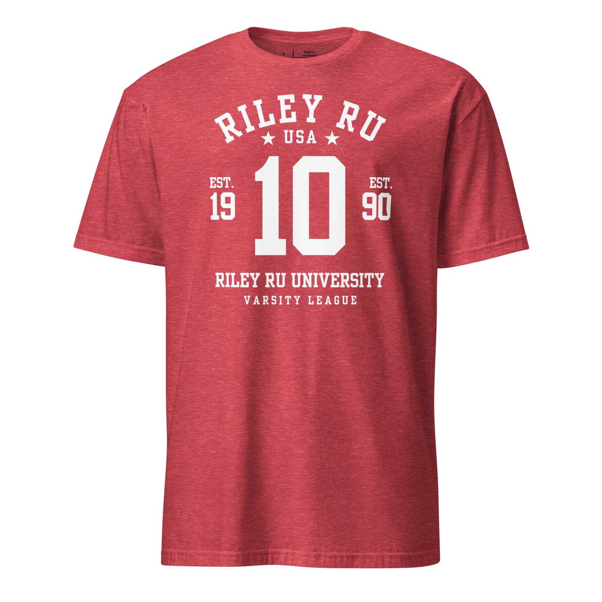 Red t-shirt with white text and numbers on a white background