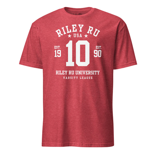 Red t-shirt with white text and numbers on a white background