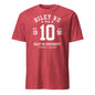 Red t-shirt with white text and numbers on a white background