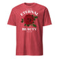 Red t-shirt with a rose graphic and 'Eternal Beauty' text on a white background