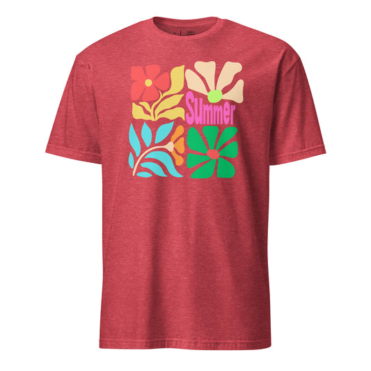 Red t-shirt with colorful floral design and 'Summer' text on a white background
