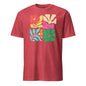 Red t-shirt with colorful floral design and 'Summer' text on a white background
