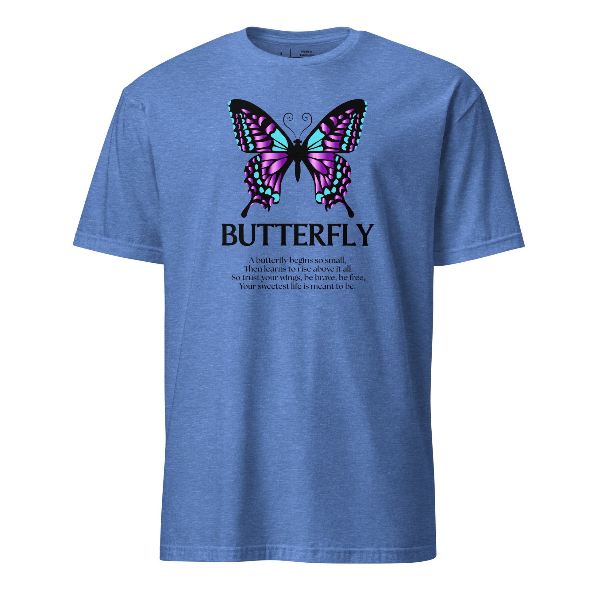 Blue t-shirt with a butterfly graphic and text on a white background