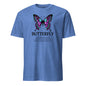 Blue t-shirt with a butterfly graphic and text on a white background
