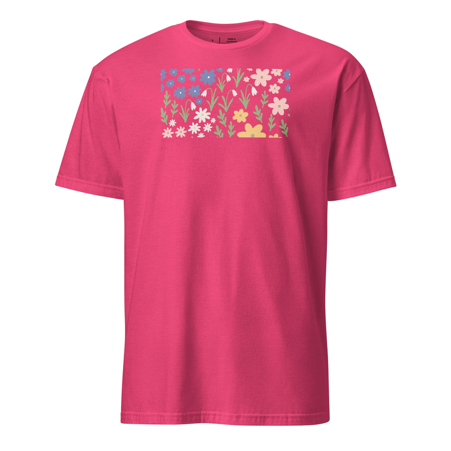 Pink t-shirt with floral design on a white background