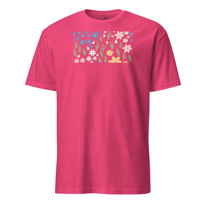 Pink t-shirt with floral design on a white background