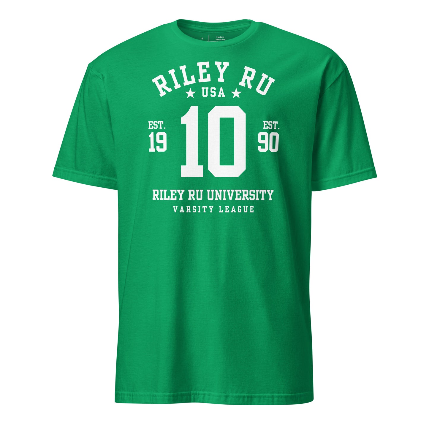 Green t-shirt with white text and numbers on a white background