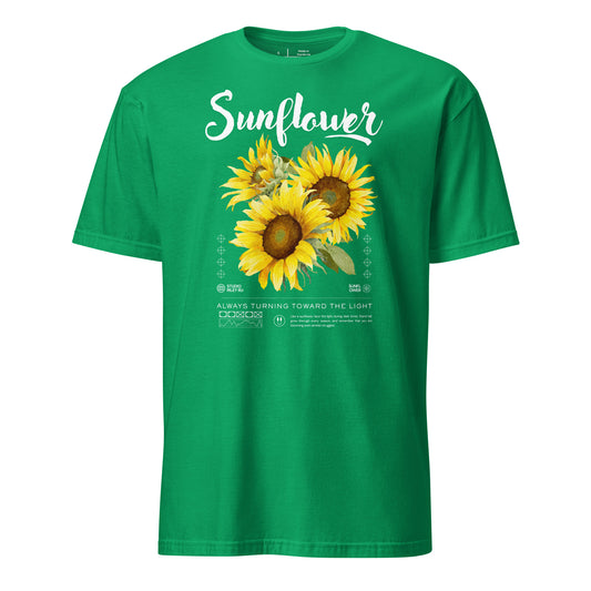 Green t-shirt with sunflower design and text on a white background