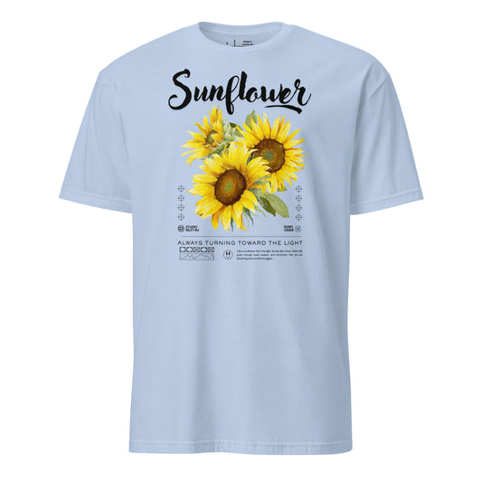 Light blue t-shirt with sunflower design and text on a white background
