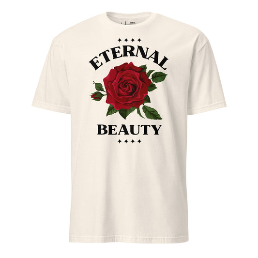 White t-shirt with a red rose and 'Eternal Beauty' text on a white background