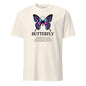 Beige t-shirt with a butterfly graphic and text on a white background