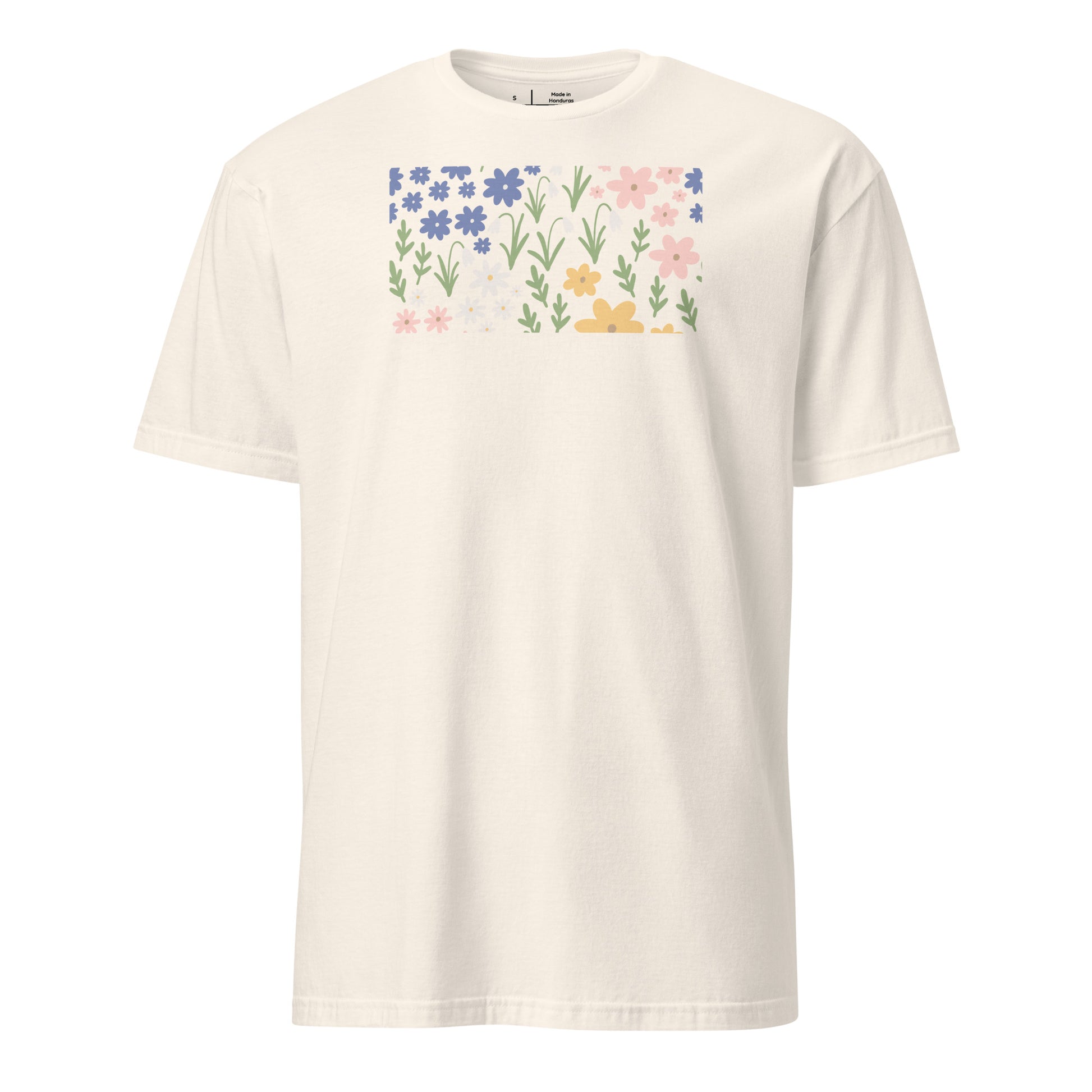 White t-shirt with colorful floral design on a white background