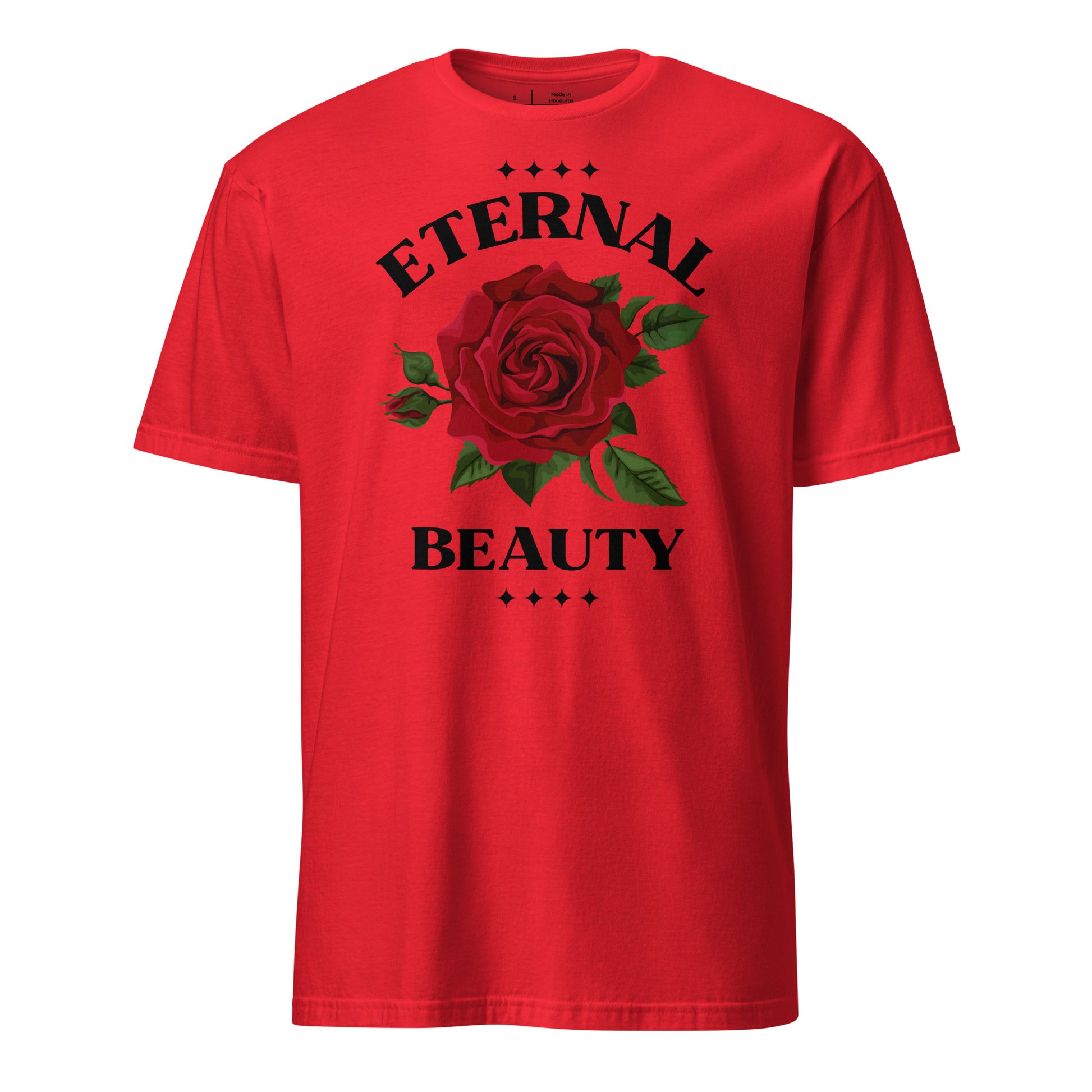 Red t-shirt with a rose graphic and 'Eternal Beauty' text on a white background