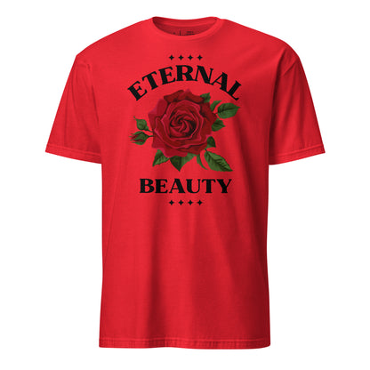 Red t-shirt with a rose graphic and 'Eternal Beauty' text on a white background