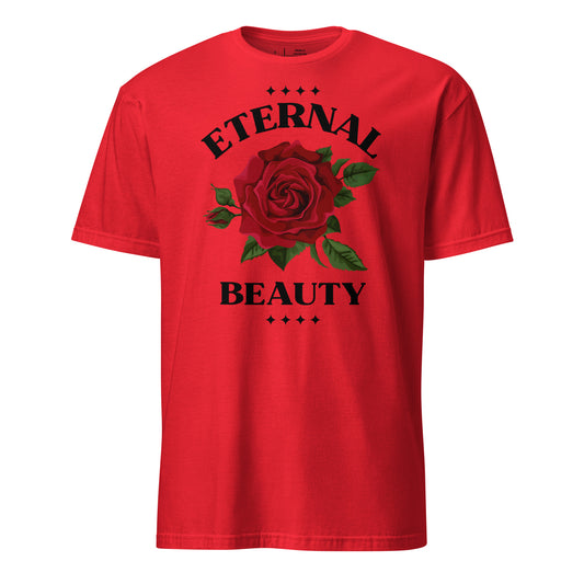 Red t-shirt with a rose graphic and 'Eternal Beauty' text on a white background