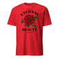 Red t-shirt with a rose graphic and 'Eternal Beauty' text on a white background