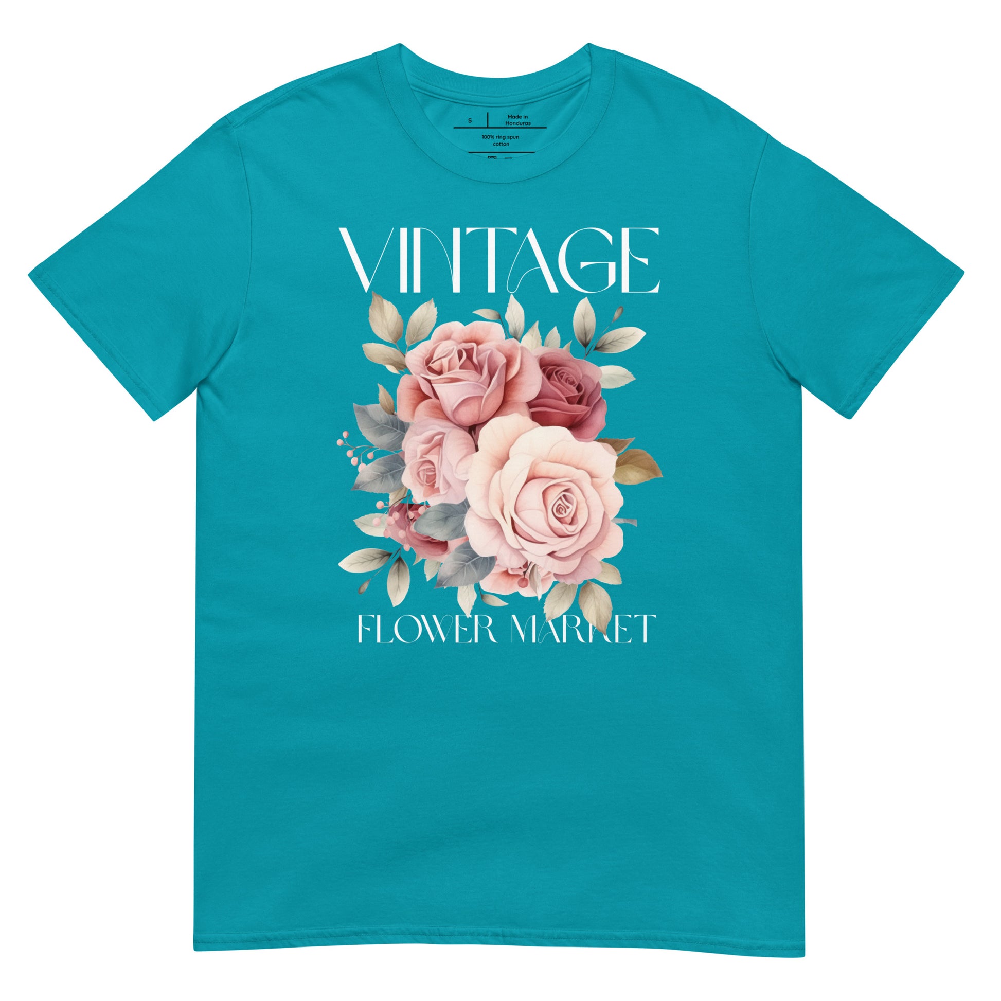 Teal t-shirt with floral design and 'Vintage Flower Market' text on a white background