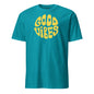 Teal t-shirt with 'Good Vibes' text in yellow on a white background