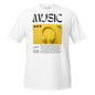 White t-shirt with a graphic of yellow headphones and the word 'MUSIC' on a white background