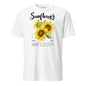 White t-shirt with sunflower design and text on a white background