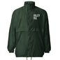 Green jacket with a logo on the chest against a white background