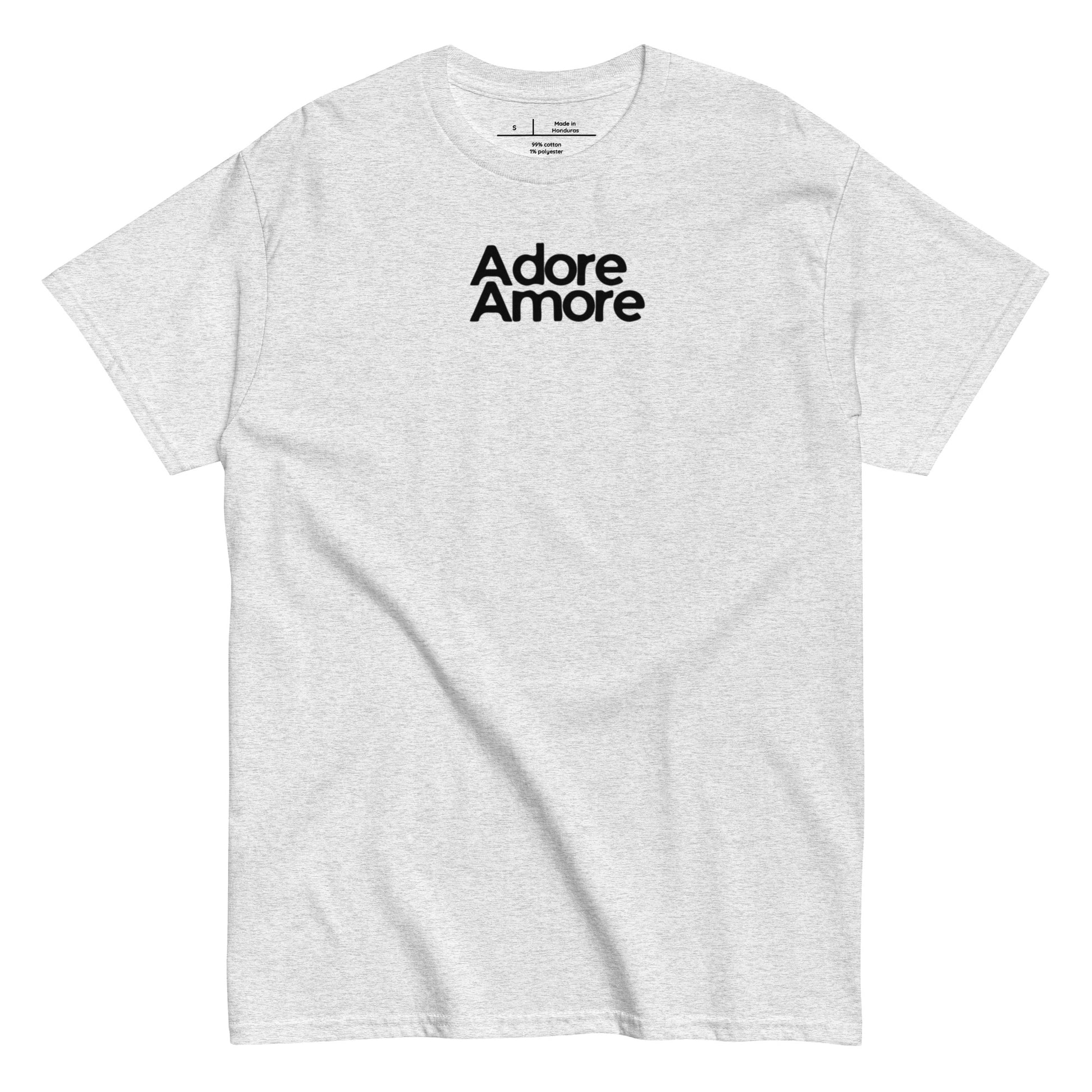 Gray t-shirt with 'Adore Amore' text on a white background