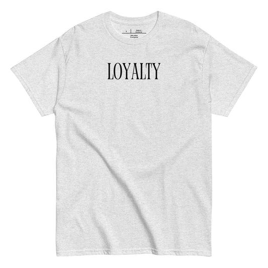 Gray t-shirt with 'LOYALTY' printed on it against a white background