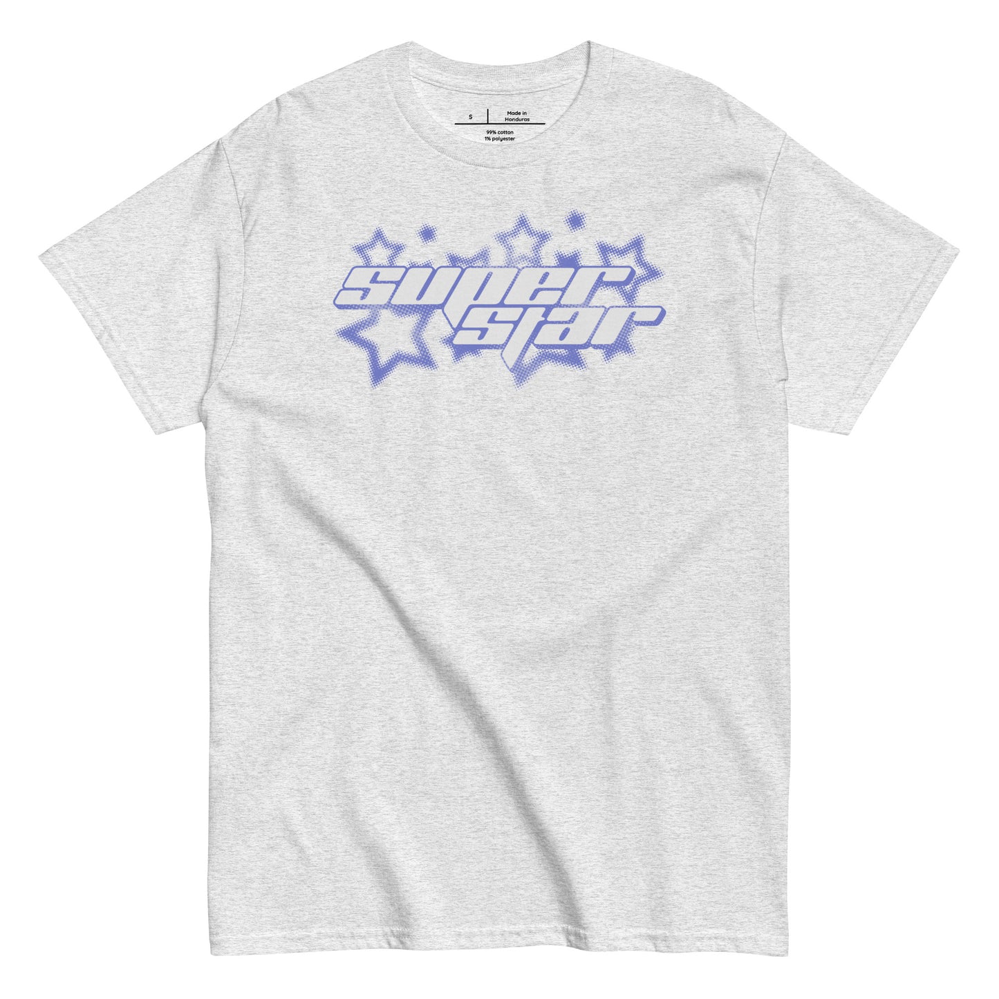 Gray t-shirt with 'Super Star' graphic design on a white background