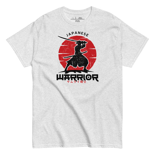Gray t-shirt with a Japanese warrior design featuring a red circle and black silhouette of a warrior holding a sword.