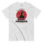 Gray t-shirt with a Japanese warrior design featuring a red circle and black silhouette of a warrior holding a sword.