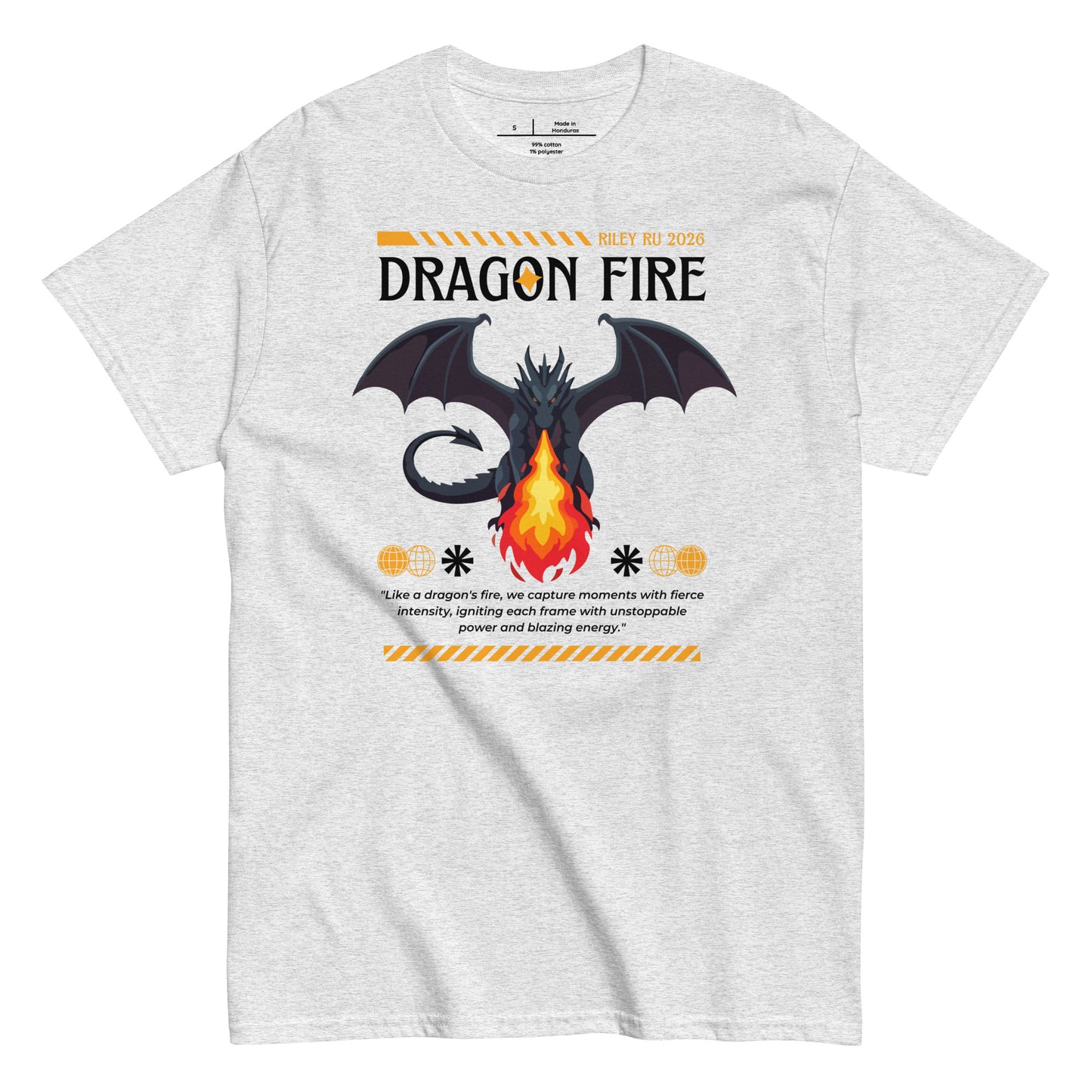 Gray t-shirt with a dragon graphic and 'Dragon Fire' text on a white background