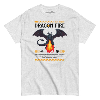 Gray t-shirt with a dragon graphic and 'Dragon Fire' text on a white background