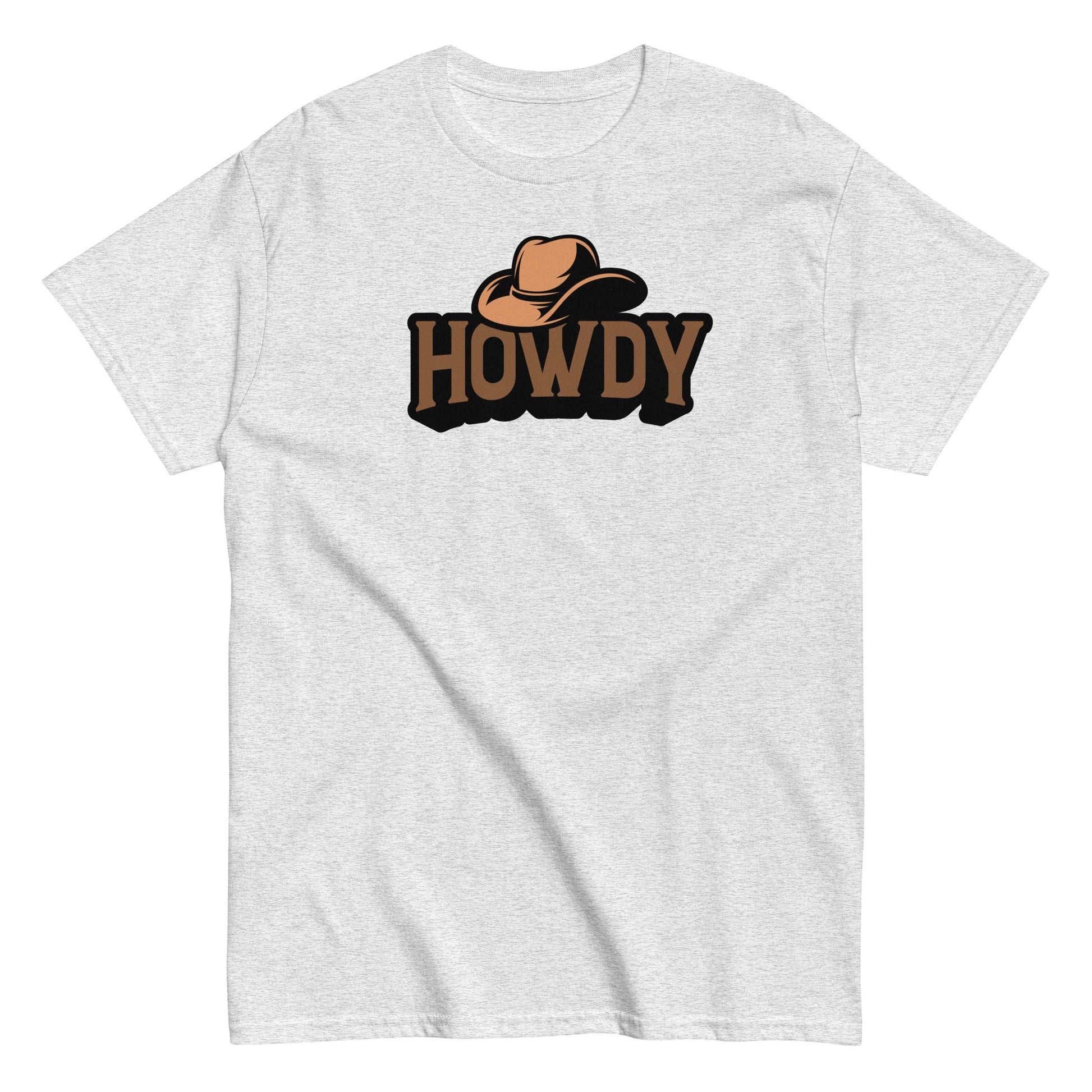 White t-shirt with 'HOWDY' and cowboy hat graphic on a white background
