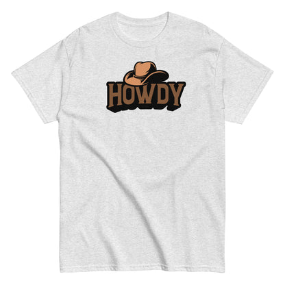 White t-shirt with 'HOWDY' and cowboy hat graphic on a white background