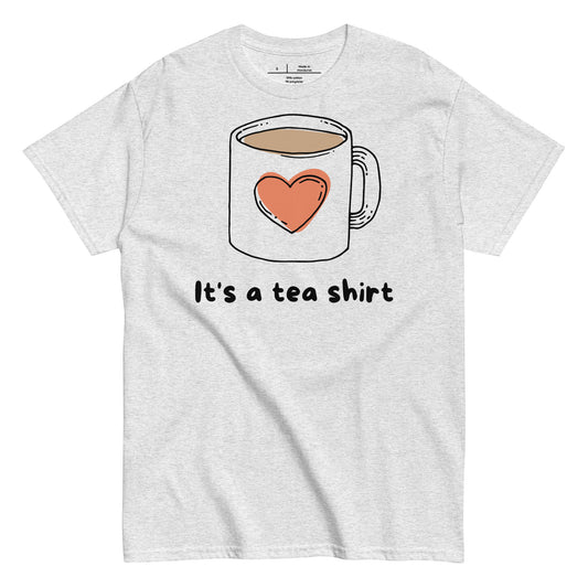 Gray t-shirt with a graphic of a coffee mug with a heart and text 'It's a tea shirt' on a white background