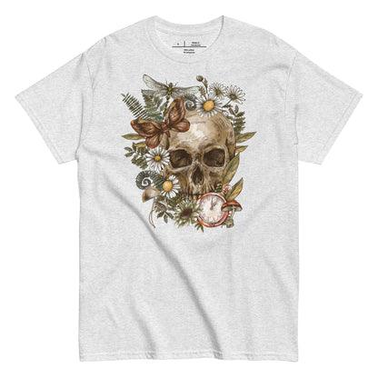 Gray t-shirt with a skull and floral design on a white background