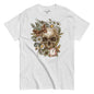 Gray t-shirt with a skull and floral design on a white background