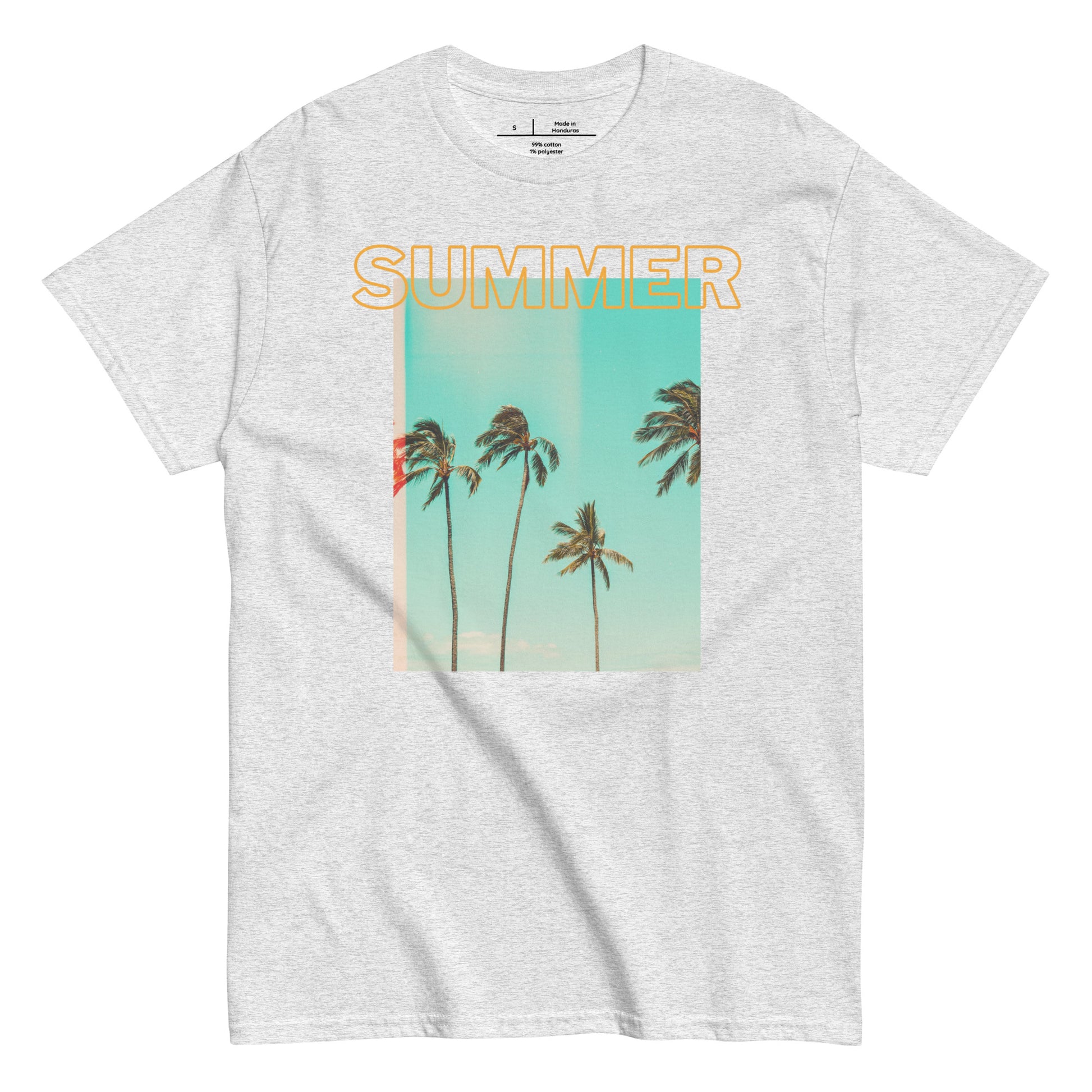 Gray t-shirt with 'Summer' text and palm tree design on a white background