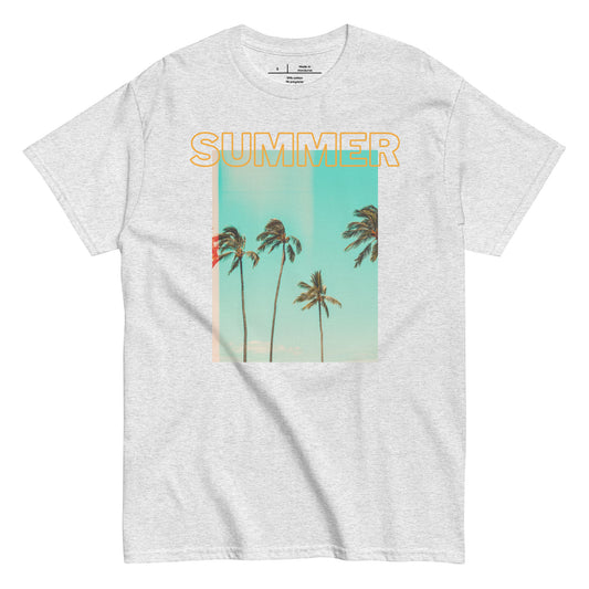 Gray t-shirt with 'Summer' text and palm tree design on a white background