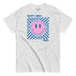 Gray t-shirt with a pink smiley face and 'Happy Vibes Only' text on a white background