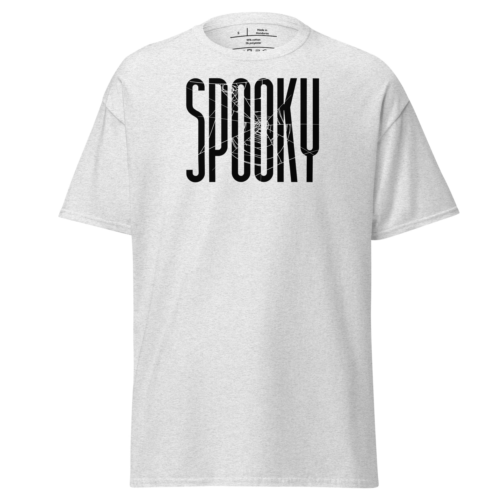 White t-shirt with 'SPooky' text on a white background