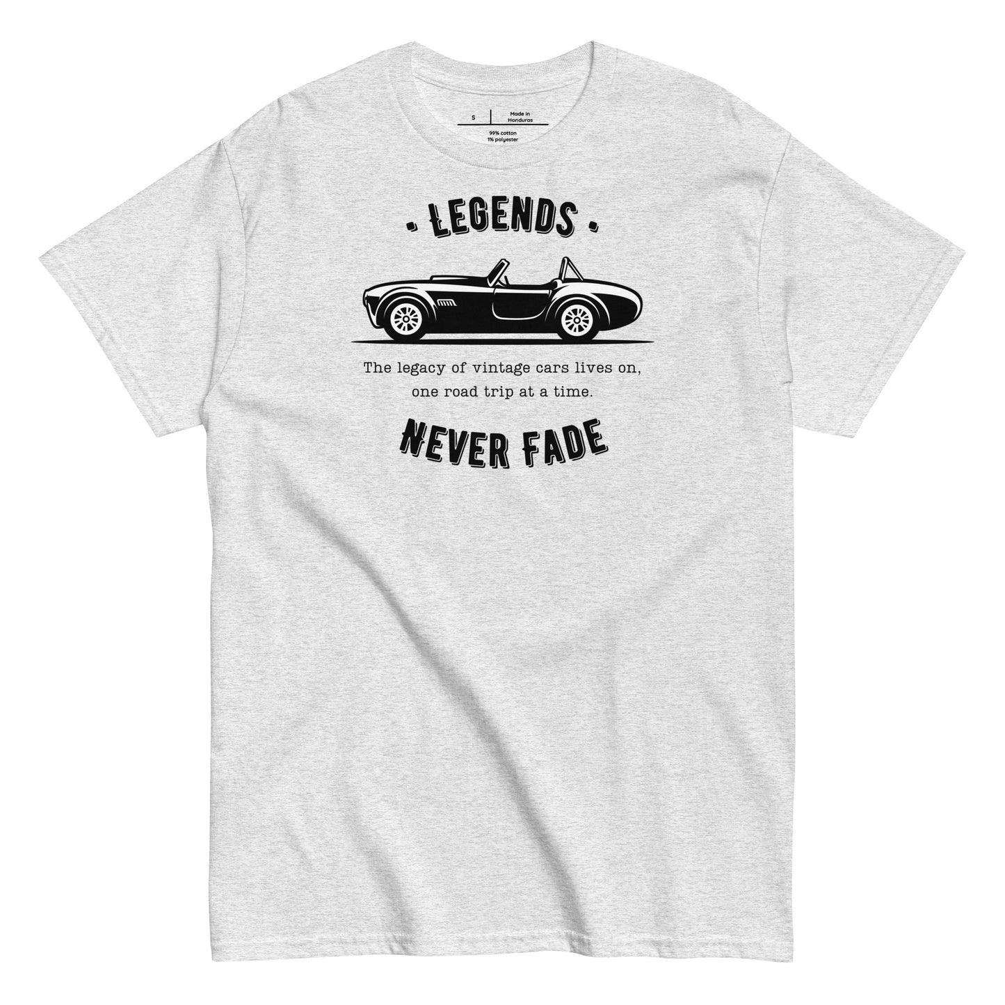 Gray t-shirt with black vintage car graphic and text on a white background